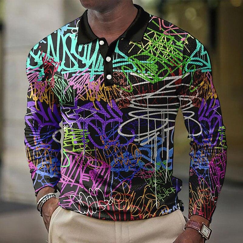 Graffiti Print Long-Sleeve Polo Shirt, Trendy Street Style Casual Wear