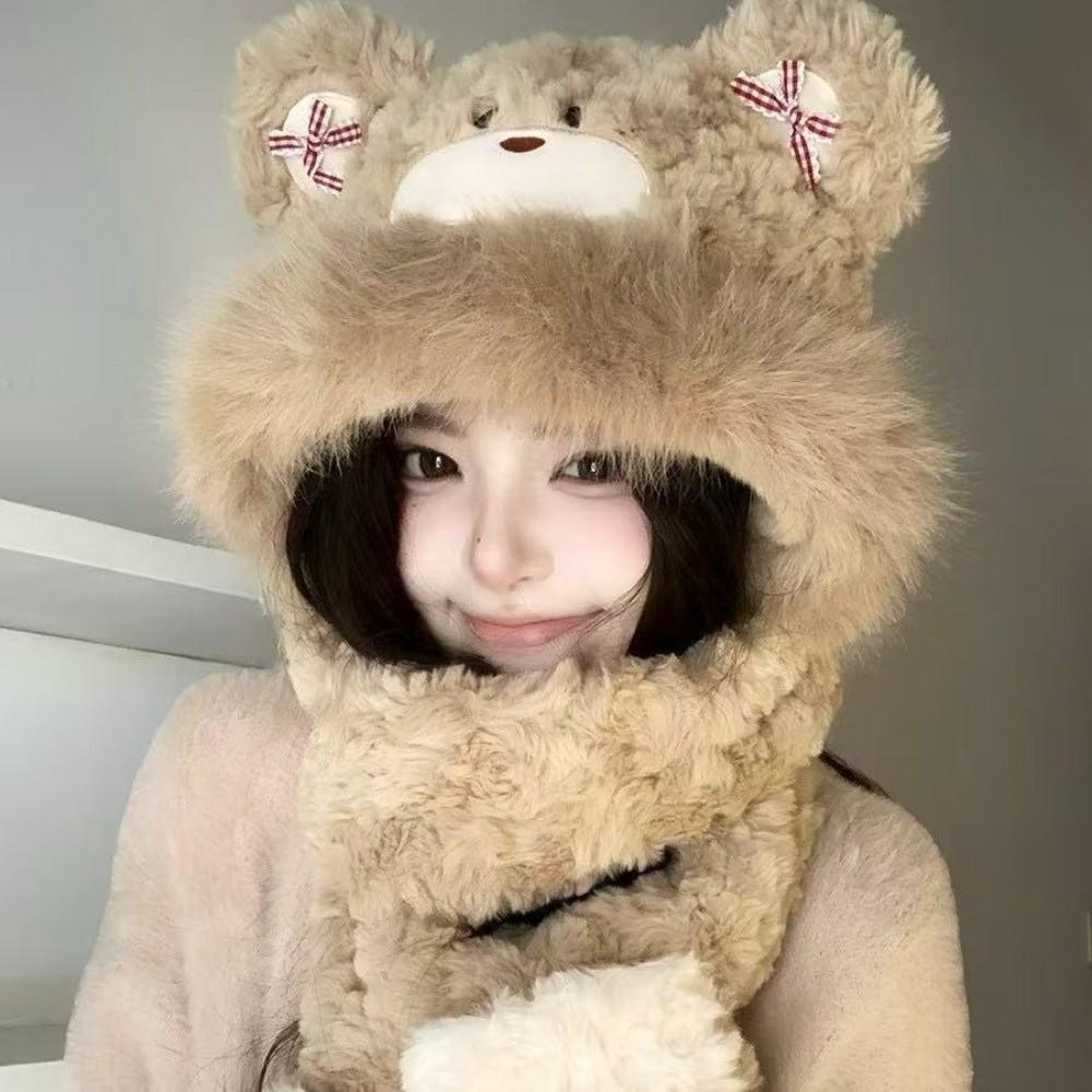 Keep Warm Little Bear Hooded Scarf Windproof Winter Plush Scarf Gloves Scarf Hat Autumn Winter