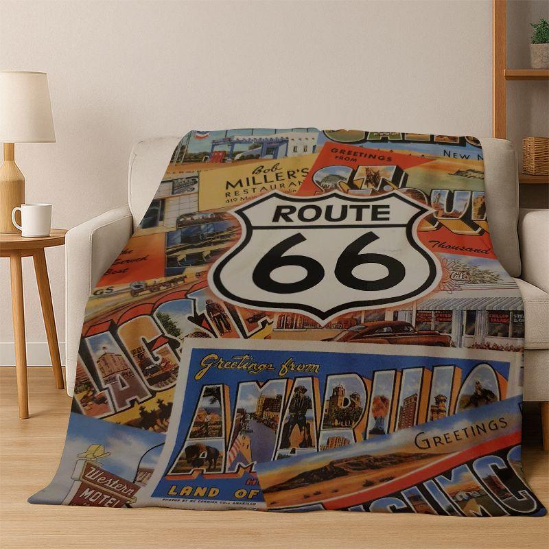 Retro Route66 America Mother Road Sign Flannel Blanket Soft Warm Throw Blanket for Bedroom Living Room Bed Travel Camping Picnic