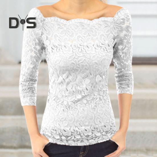 Bluzki damskie z kołnierzykiem skośnym, długimi rękawami, koronkowa koszula, koronkowe łączenie, jednolity kolor, dopasowany krój, haftowane koronkowe kwiatki