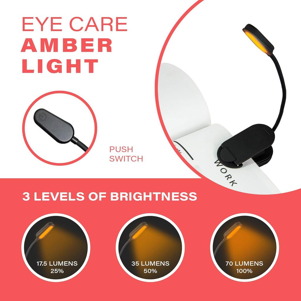 Rechargeable Clip On Blue Blocking Amber LED Light for Reading in Bed 1600K Eye Care Light for Strain-Free Healthy Eyes