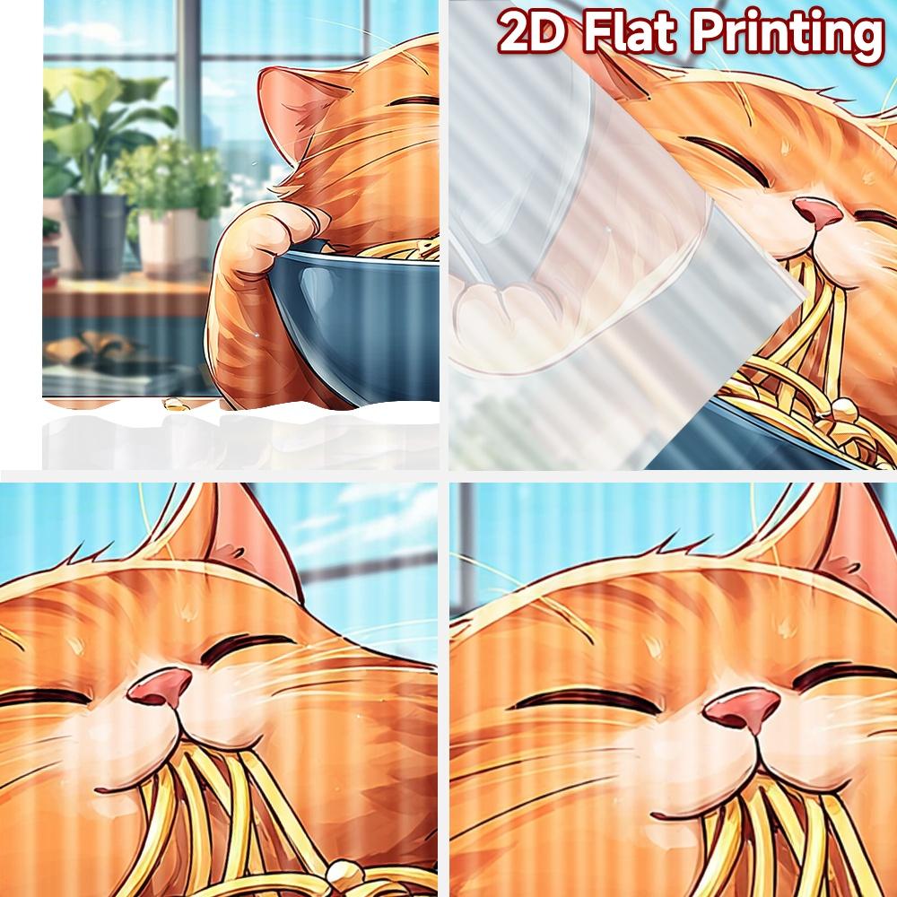 2D Flat Printing 2pcs Window Curtains Cute Cat Eating Spaghetti Digital Printed Polyester Drapes Holiday Decorations for Holiday