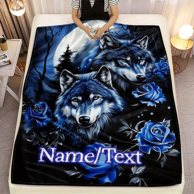 Custom Wolf Blanket Blue Wolves Moonlight Blue Roses Forest Design Personalized Name Fleece Throw All Season Soft Warm Bedding