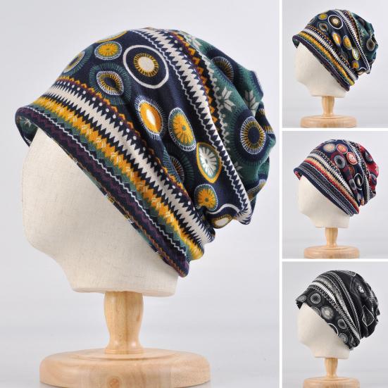 Damehatt Toppløs Strikket Vintage Trykk Lett Dekorativ Etnisk Stil Elastisk Ørebeskyttelse Dame Lue for Hverdagslig Bruk
