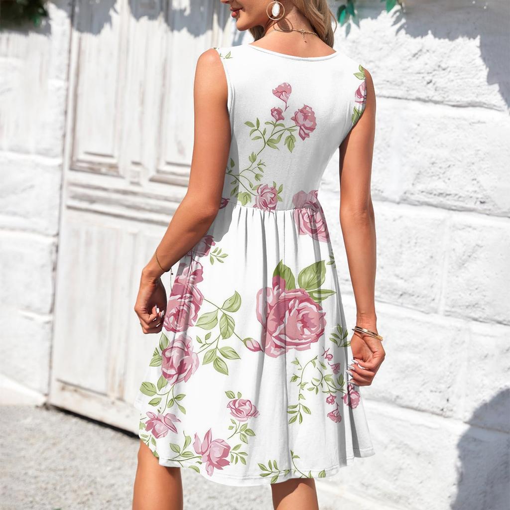 Women's Casual Fashion Sexy V-neck Button Decoration Sleeveless Beach Printed Boutonniere Dress