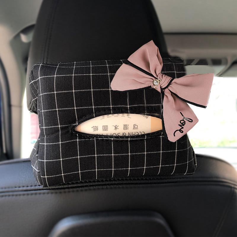 Cute Bowknot Grid Car Tissue Box Auto Seat Headrest Hanging Paper Tower Holder Organizer Women Styling Car Interior Accessories