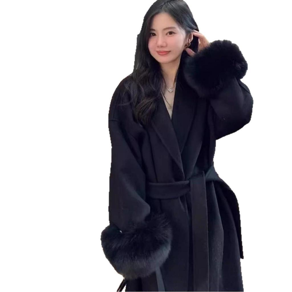 Manteau en Laine Mi-Long pour Femme avec Manches en Fourrure - Veste Décontractée Chic Automne/Hiver