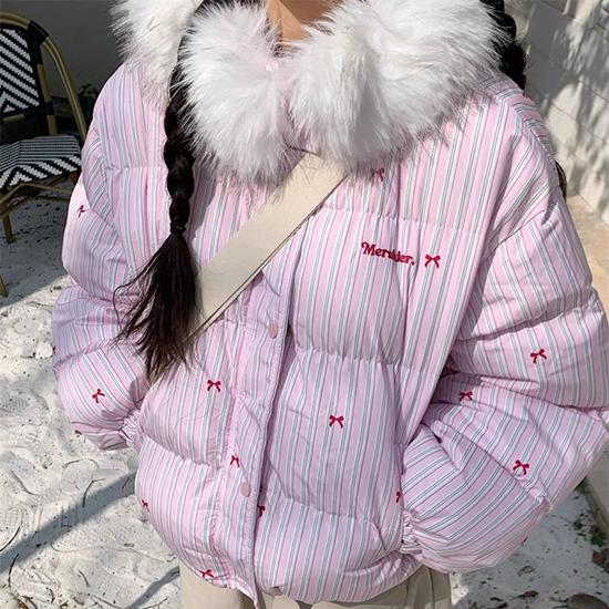 Autumn and Winter American Striped Bow Collar Hooded Cotton Jacket, Thickened Warm Cotton Jacket for Women