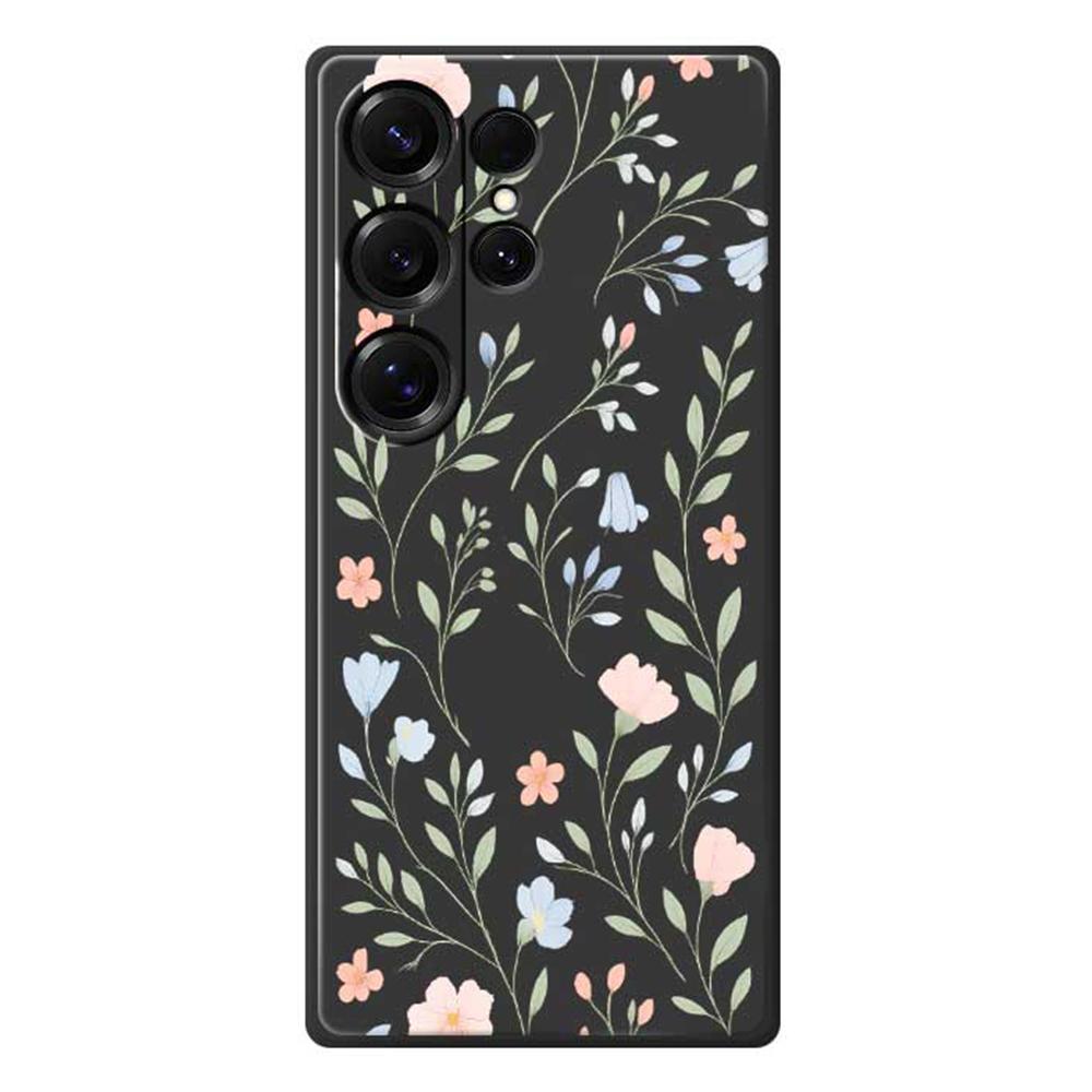 

For Samsung Galaxy S25 Ultra Case Pink Blue Flowers Pattern Printing Straight Edge TPU Phone Back Cover Black