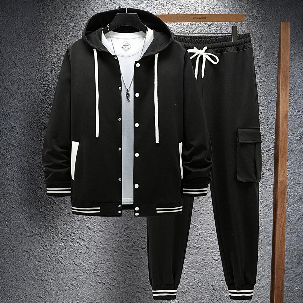 Men's Snap-Button Hooded Baseball Jacket Casual Sports Cardigan Long-Sleeved Workwear Pants Set