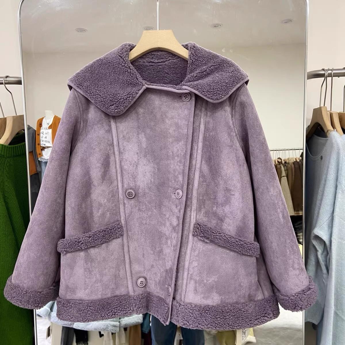 

Женская короткая куртка из овечьей шерсти в корейском стиле 2024 года - теплая замшевая, повседневная зимняя одежда с отложным воротником Large фиолетовый