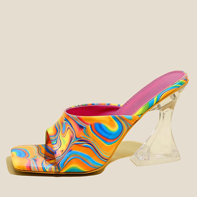 Sexy Eckige Zehenpartie Seltsame Transparente Absätze Pantoletten Slipper Sommer Mode Mischfarben Slip-On Pantoletten Damen Party Sandalen Schuhe