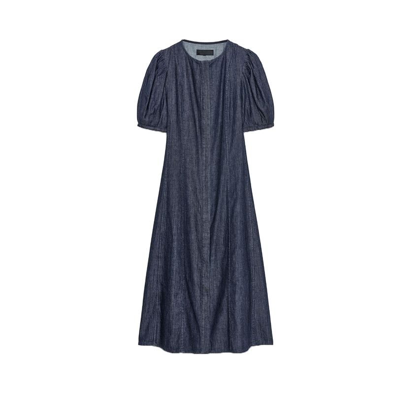 

Summer New Product Women s Clothes Straight-leg Hem Cotton Blended round Neck Puff Short Sleeve Denim Dress 5216240 Blue L