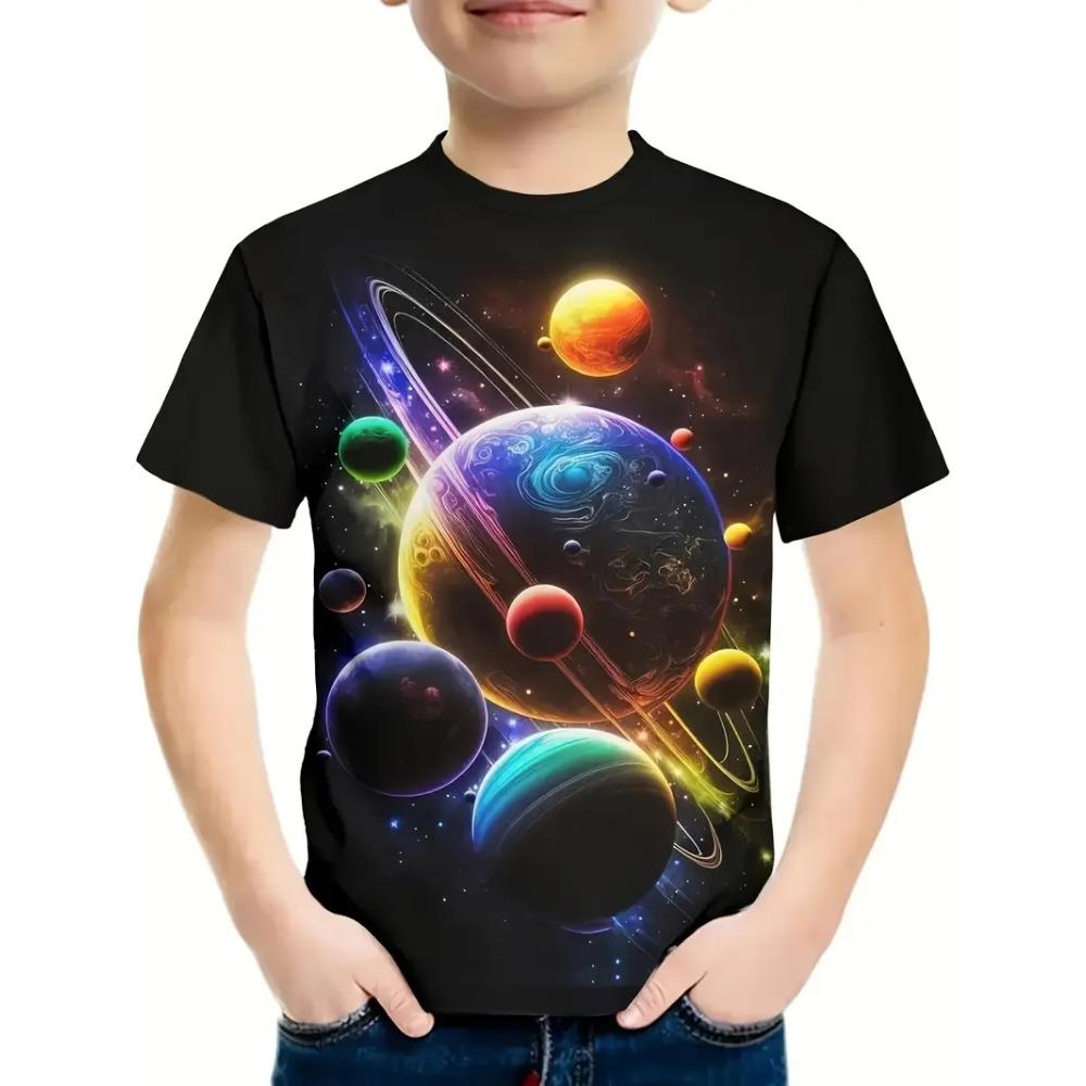 Children's clothing, boys' breathable and suitable T-shirt, 3D printed space pattern short sleeved shirt, boys' summer fashion, cool round neck top