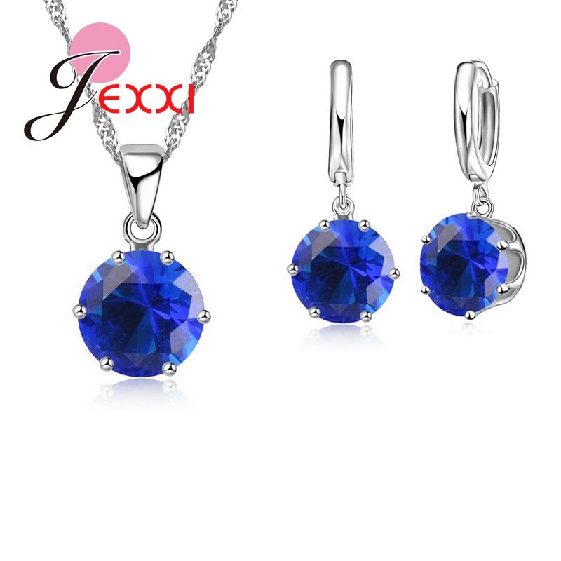 New Fashion 925 Silver Color Shiny Crystals Rhinestones Stones Woman Earring Necklace Jewelry Set 16 Colors
