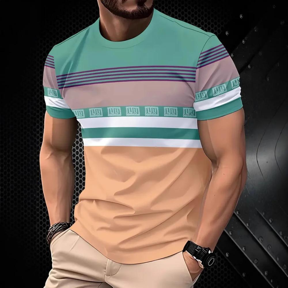 3D Print Lattice Stripes T Shirt For Men Color Block Pattern Short-Sleeved Tees Harajuku Streetwear Tops O-Neck T-Shirt Clothes