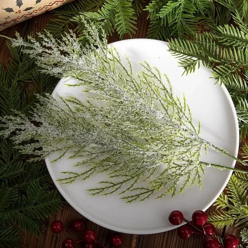 Artificial Frosted Pine Branches Christmas Plastic Fake Snow Sprigs Pine Leaves DIY Wreath Xmas Tree Ornaments Party Plant Decor