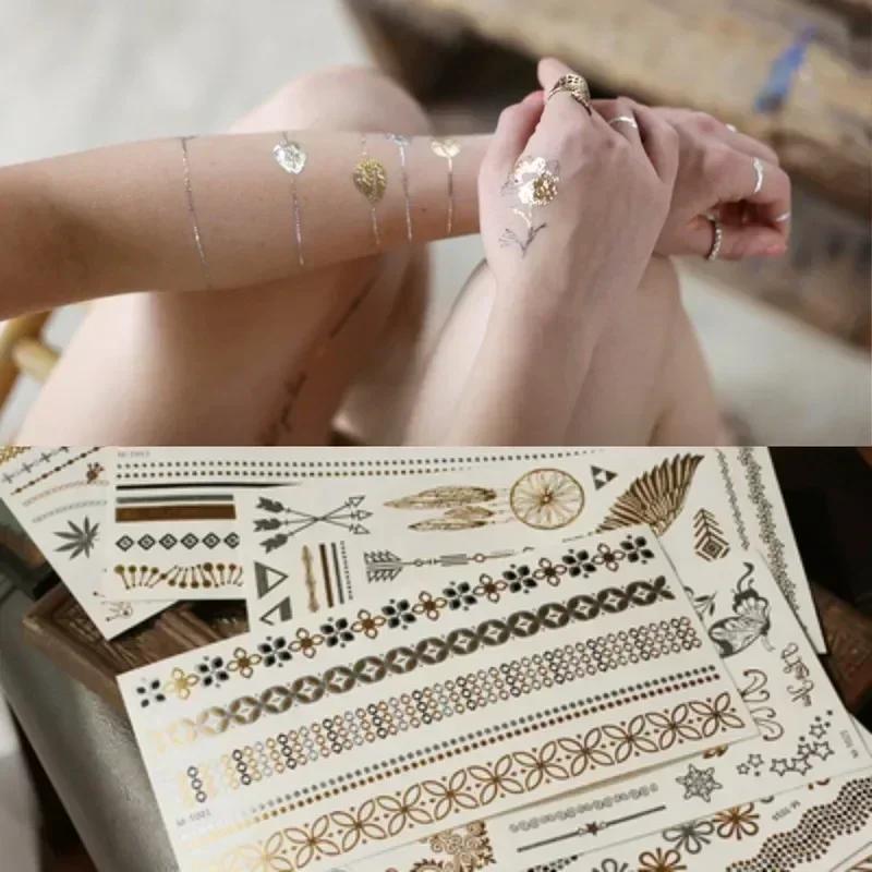 3 Sheets Tattoo Temporary Disposable Tag Gold Metallic Waterproof Silver Black Flash Fake Gold Tattoos Adhesives Decal