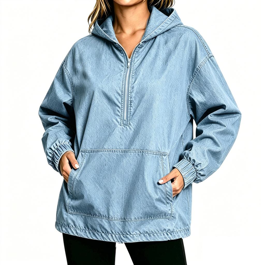 Women's Casual Loose Fit Half-Zip Hooded Denim Top with Pockets for Everyday Wear