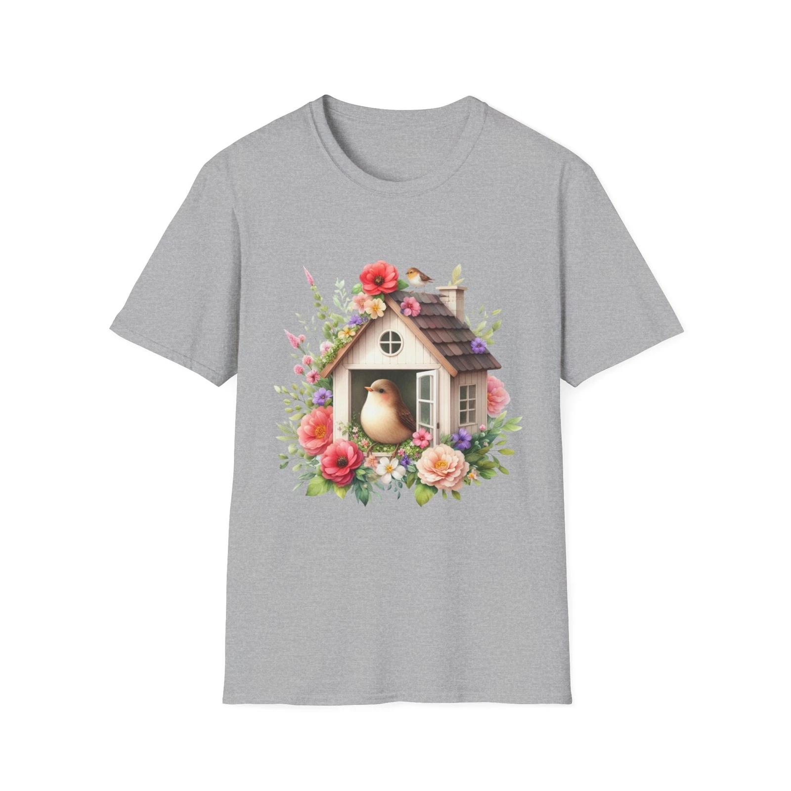Whimsical Birdhouse T-Shirt, Floral Tee, Nature Lover Gift, Spring Outfit, S