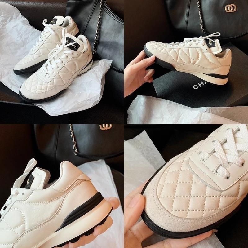 Rhombus cowhide lace-up casual dad sneakers women's flat white shoes women's