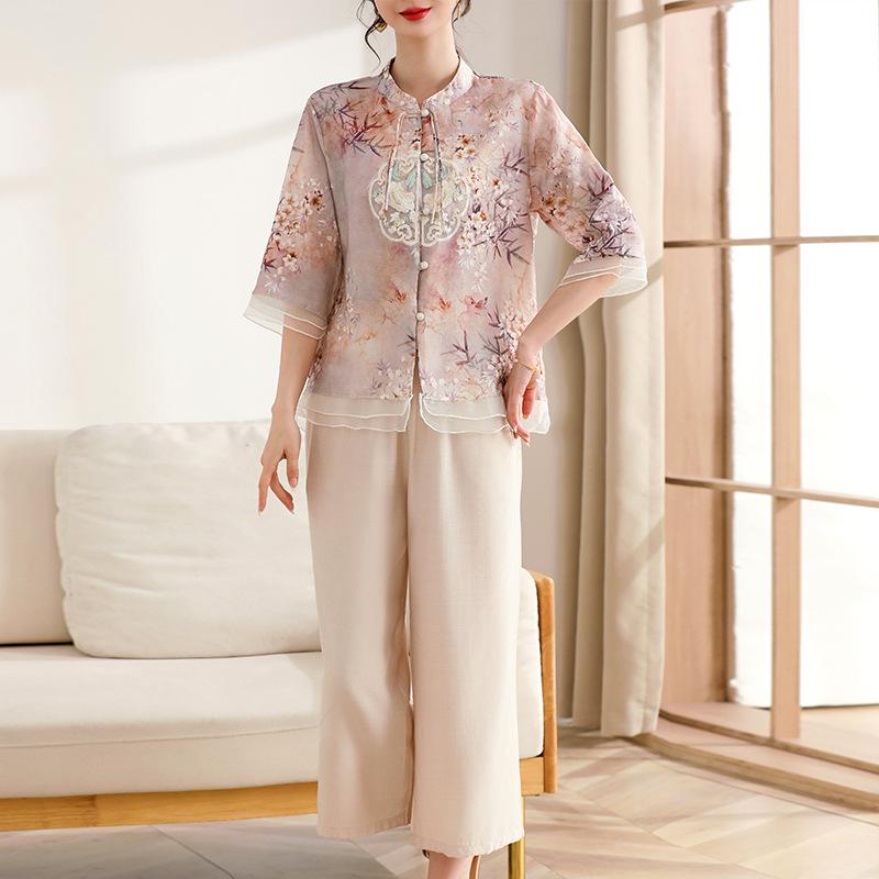 Women's Summer Style Chinese Style Set, Middle Aged and Elderly Chinese Style Shirt+Nine Fen Pants, Elegant and Stylish Two Piece Set