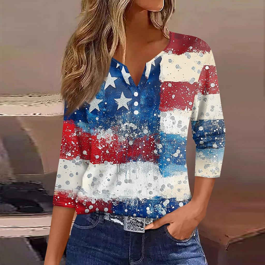 Women's T Shirt Tee Independence Day Printed Button 3/4 Sleeve Tunic Daily Weekend Fashion Basic V- Neck Regular Top