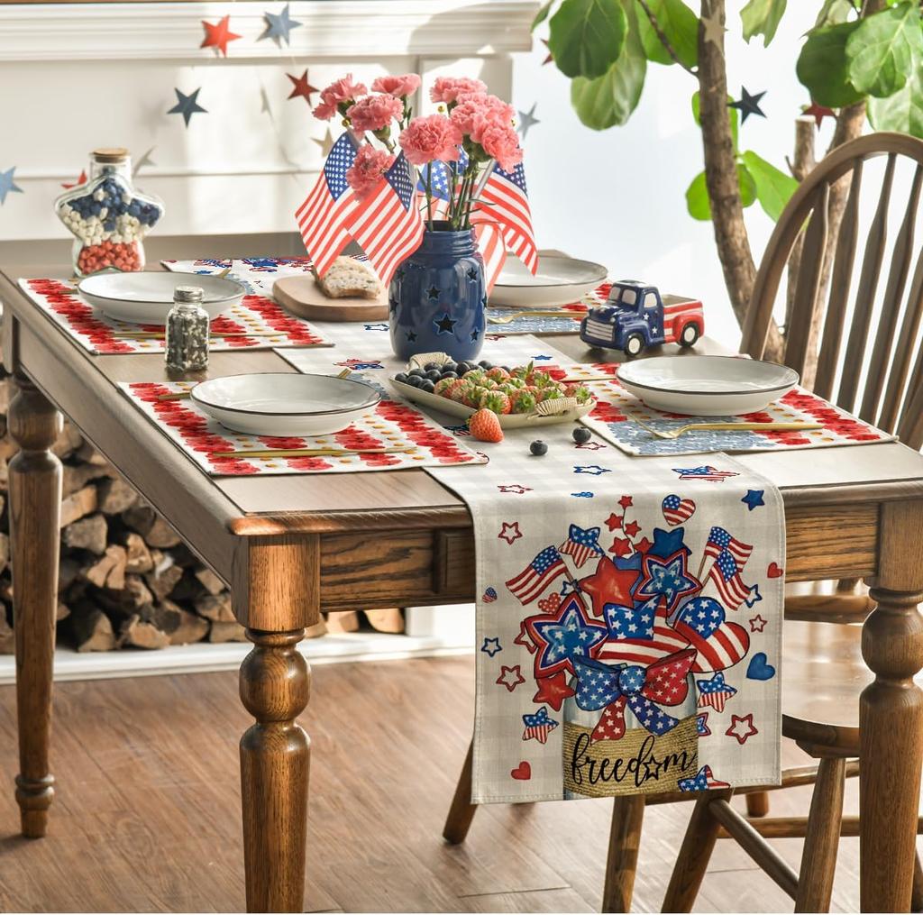 American Flag Flowers 4th of July Placemats Set of 4, 12x18 Inch Patriotic Memorial Day Table Mats for Party Kitchen Dining Decoration