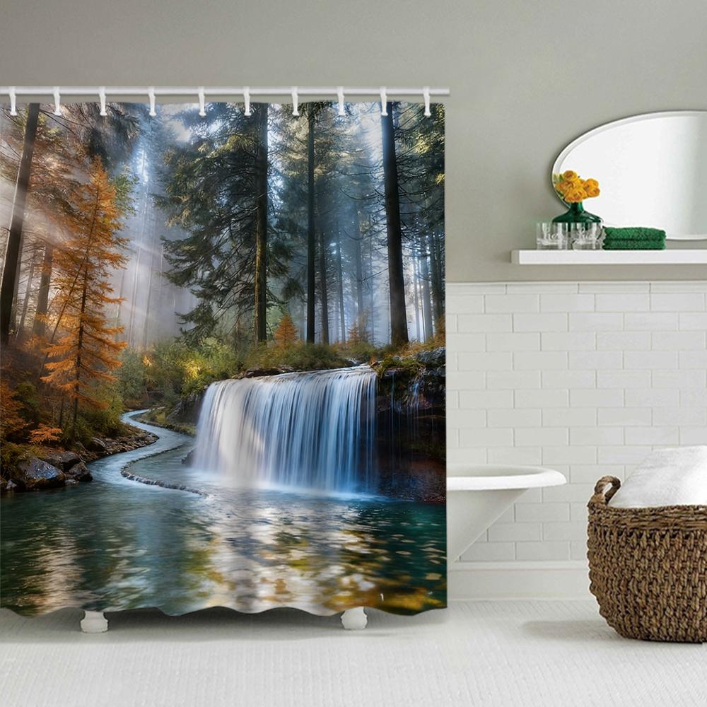 1/4 Forest Waterfalls  Print Shower Curtains, Toilet Seat Decoration, Shower Curtain with Carpet and Toilet Lid, 70.8x70.8 Inch