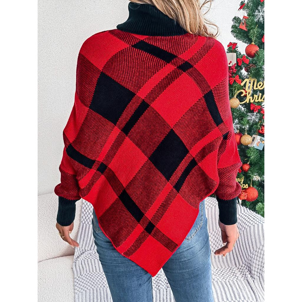 GMXIA Autumn and Winter Casual Checkered High-neck Long-sleeved Puffed Sweater for Christmas Women's Wear