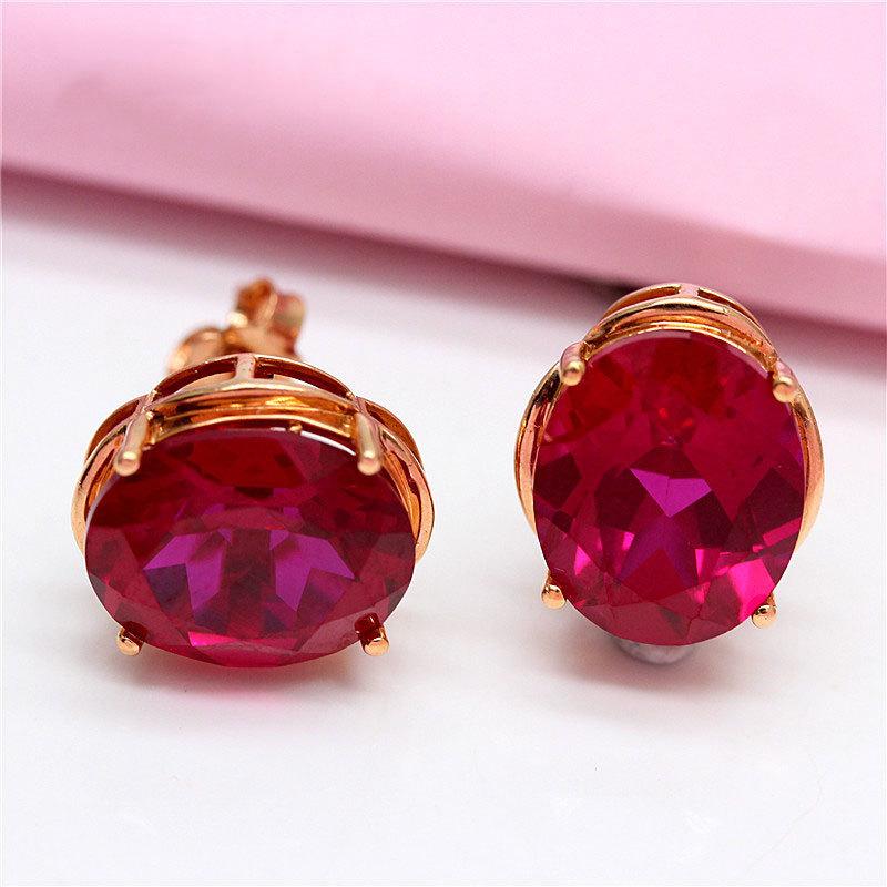 Изысканные Чисто Русские 585 Фиолетовое Золото Инкрустированные Красным Камнем Поверхность Яйца Серьги-Гвоздики Цвет Золото Легкая Роскошь Розовое Золото Серьги Женские