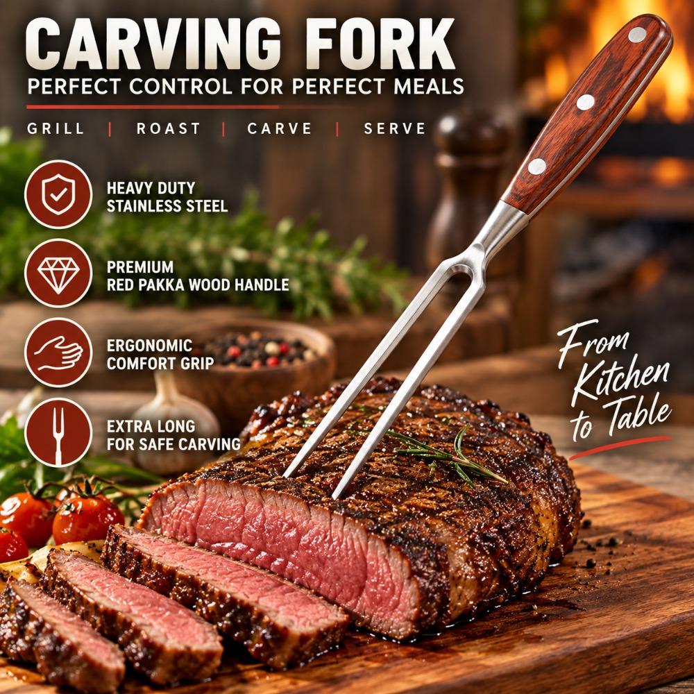 Long Handle Stainless Steel Fork Redwood Handle Meat Turner Fork Backyard Party