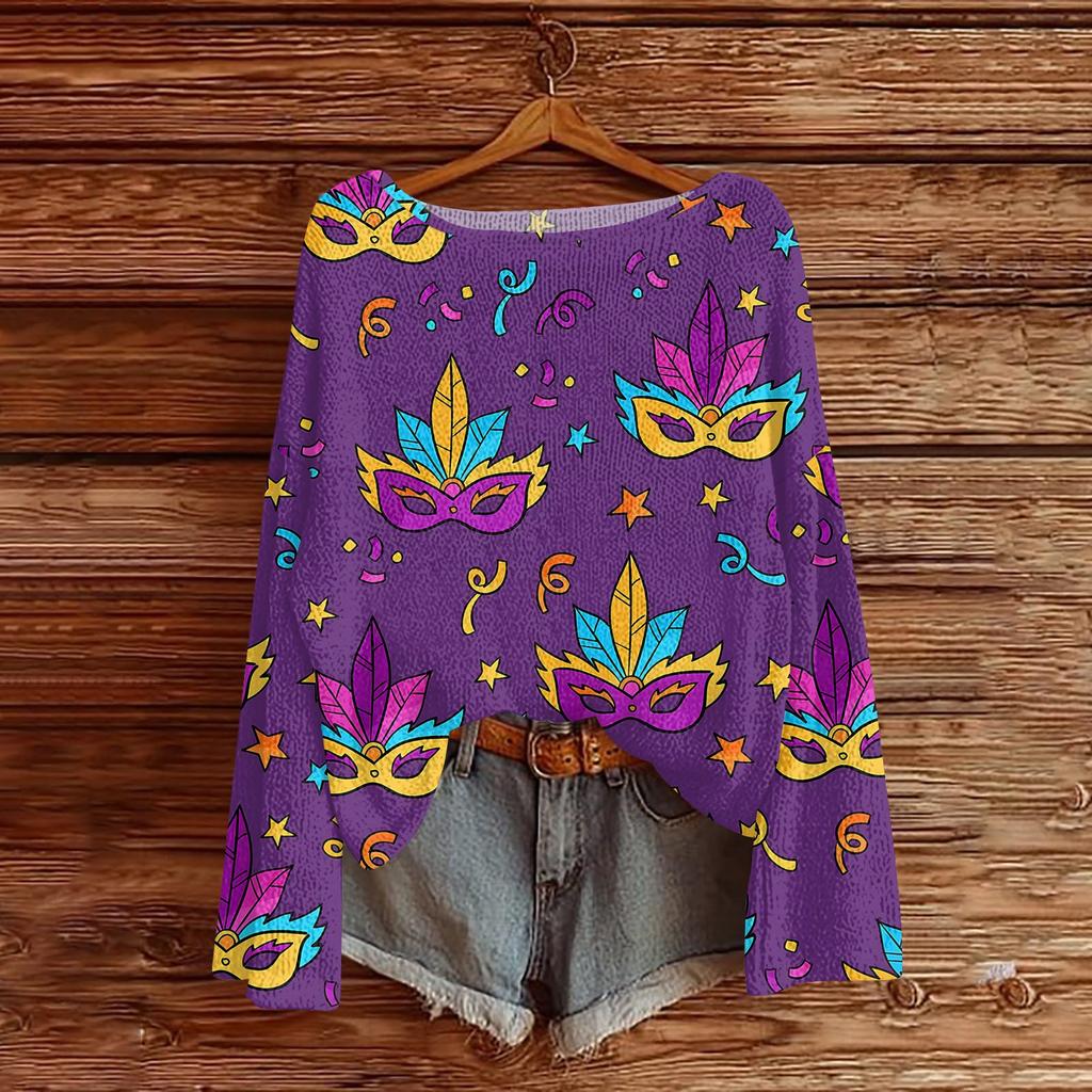 Damenmode Rundhals Langarm Print Lässiger Pullover Sweater Top