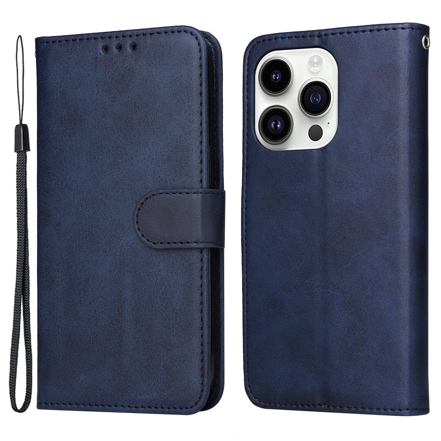 

Противоударный чехол-книжка с текстурой телячьей кожи для iPhone 15 Pro Max, PU кожаный кошелек, чехол-подставка для телефона Blue