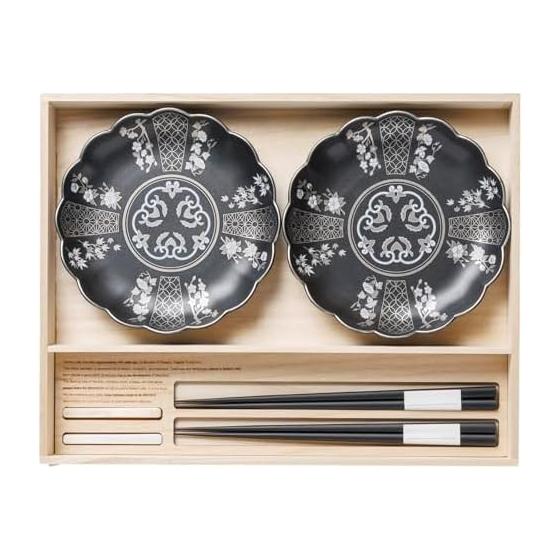 Hasami Ware SAI Dinnerware Set - Small Plates, Chopsticks, Chopstick Rests - Plate Diameter Approx. 16cm, Chopsticks Approx. 23cm, Chopstick Rest