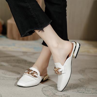 Leather Bag Head Half Slippers Women's Outer Wear 2025 New Thick-heeled Sandals Heel-less Lazy Shoes Flat-soled Mueller Shoes