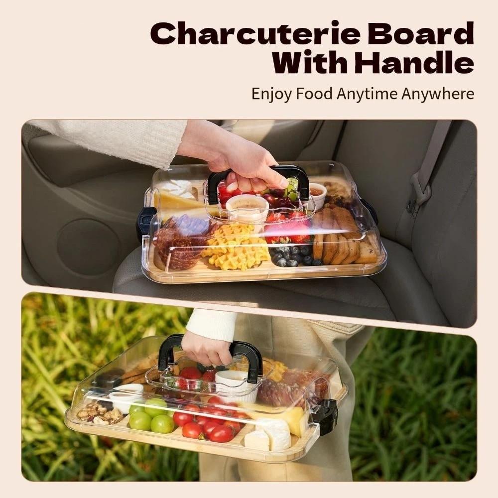 Transparent Bamboo Cheese Board Snap-On Lid Square Shape Wooden Cheese Board Divided Grid Stylish Charcuterie Board