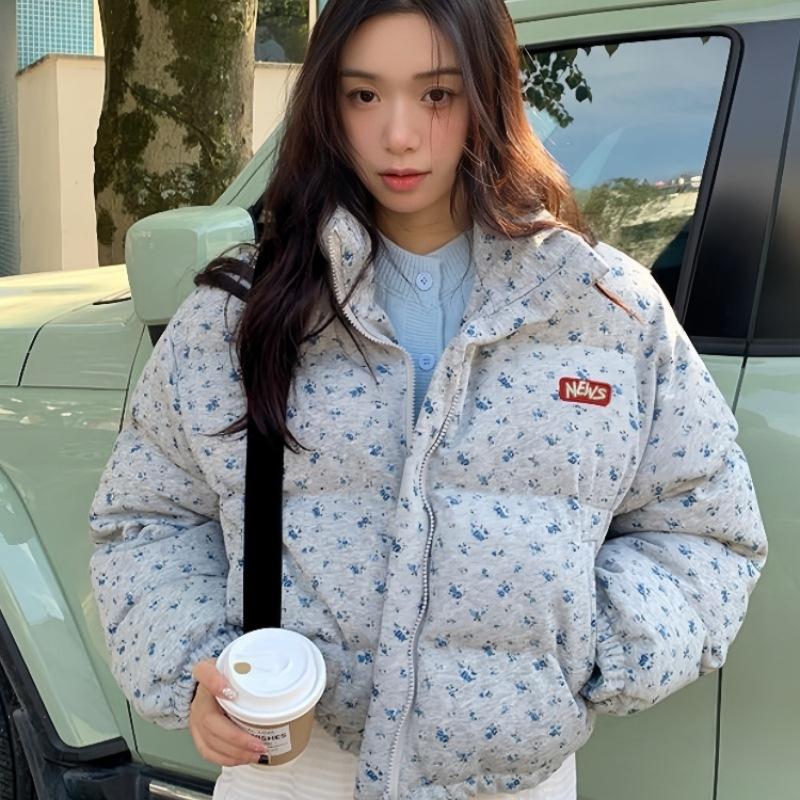

New Korean Small Floral Print Stand Collar Short Cotton-padded Jacket Women s Winter Padded Cotton-padded Coat. L