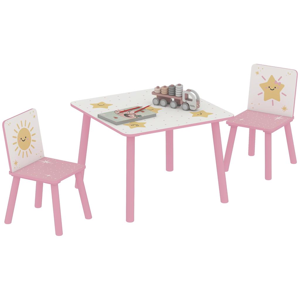 Children's Room Furniture Set with Table and 2 Chairs for Children Ages 3-8 with Star Pattern, Pink