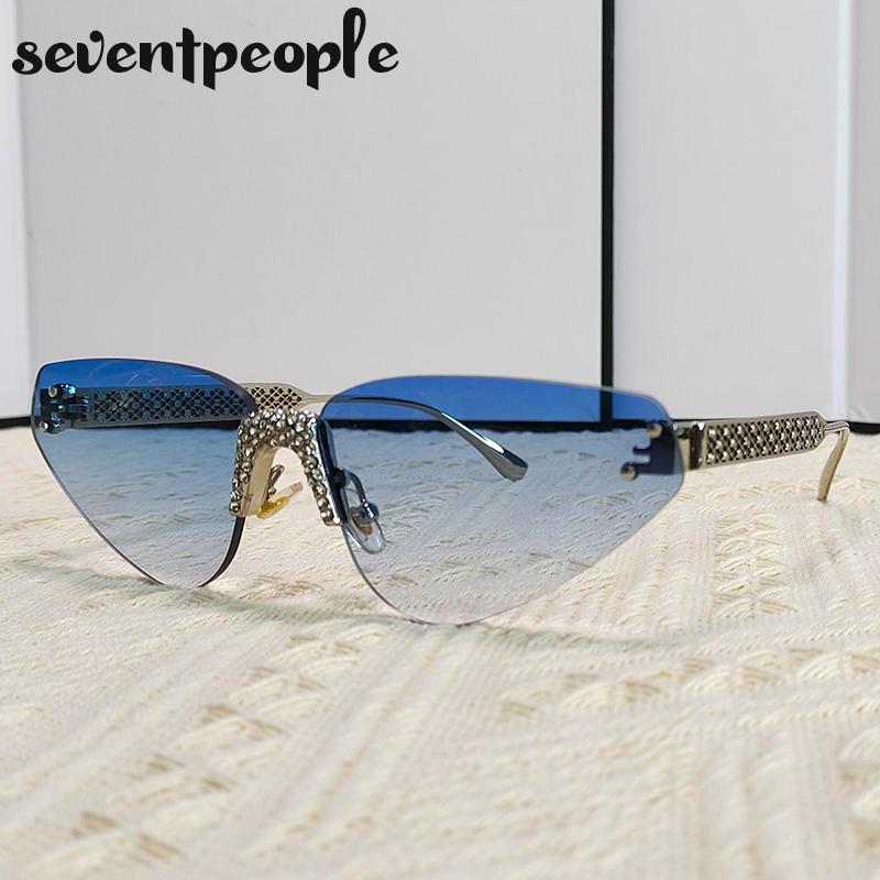 Rimless Rhinestones Punk Sunglasses Women Luxury Brand Design Vintage Metal Small Frame Sun Glasses For Ladies Eyewear