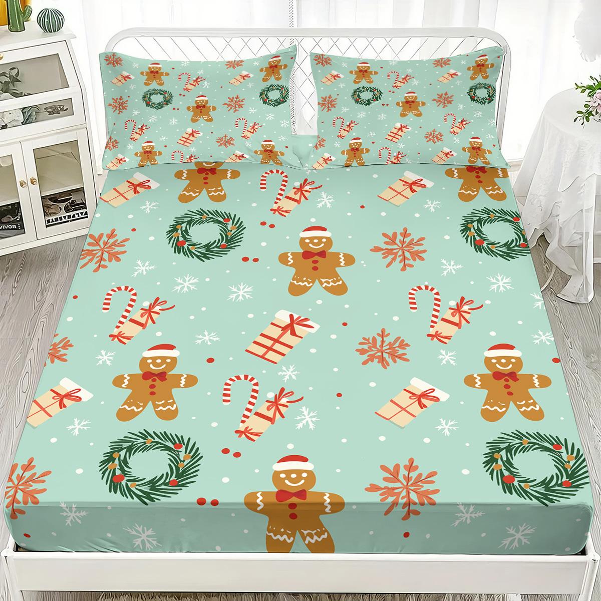

3pcs Christmas gingerbread man garland print coreless bed sheet set multi size bed cover comfortable bedding machine washable 90x191cm