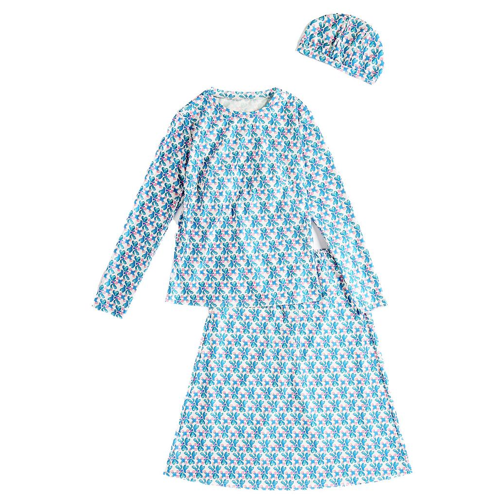 Kadın Müslüman Mayo Şapka Baskılı Mayo Plaj Giyim Kadın Mayo 3 Parça Takım Uzun Kollu Su Geçirmez Mayo