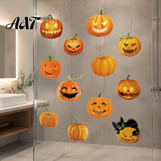 Playful Wizard Cat Wall Graphics 3 Sheets Halloween Ghost Face Pumpkin Sticker, Cute Black Simple Installation Holiday Stickers Decorative Decals,