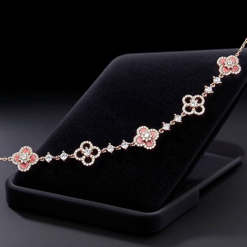 Bracelet Hui Zhiyi S925 Argent Rose & Trèfle à Quatre Feuilles Réglable pour Femmes