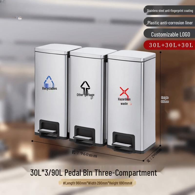 JPHZNB 3-Compartment Stainless Steel Foot Pedal Recycling Bin