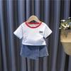 Girls Spring Summer Fashion Denim Skort Set Short Sleeve Top Kids Chic Casual Two Piece Outfit For Baby Toddler