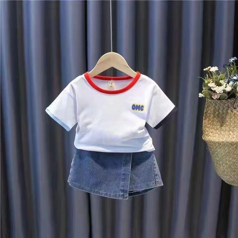 Girls Spring Summer Fashion Denim Skort Set Short Sleeve Top Kids Chic Casual Two Piece Outfit For Baby Toddler