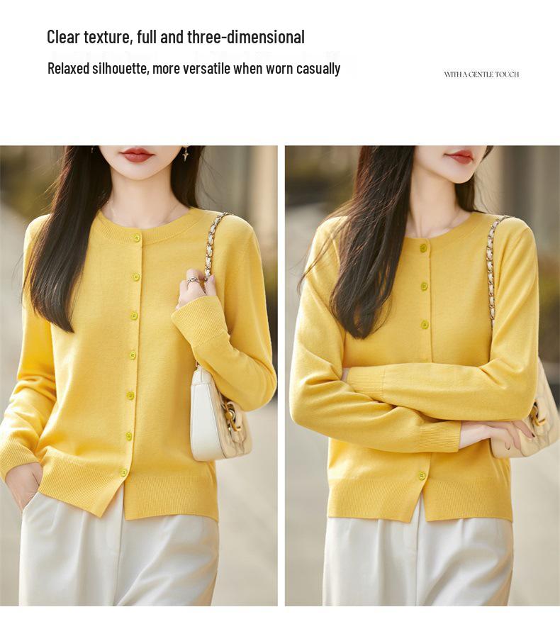 36-Count Fine Spun 100% Wool Machine Washable Round Neck Cardigan - Simple Style, Solid Color, Lightweight Knit for Spring