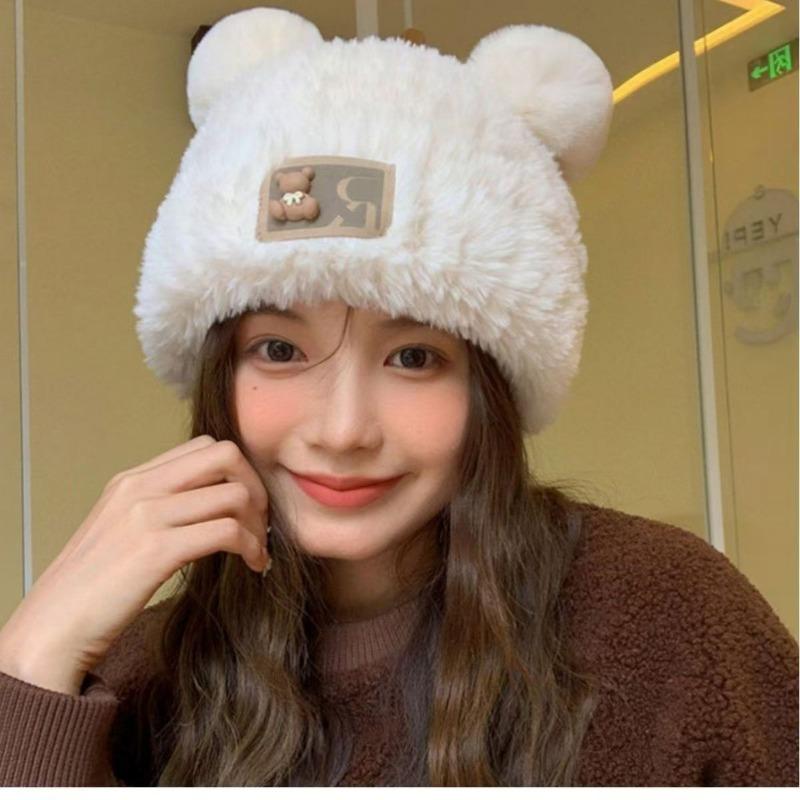 Cute bear wool hat women's winter plush warm fluffy autumn and winter big head circumference knitted hat