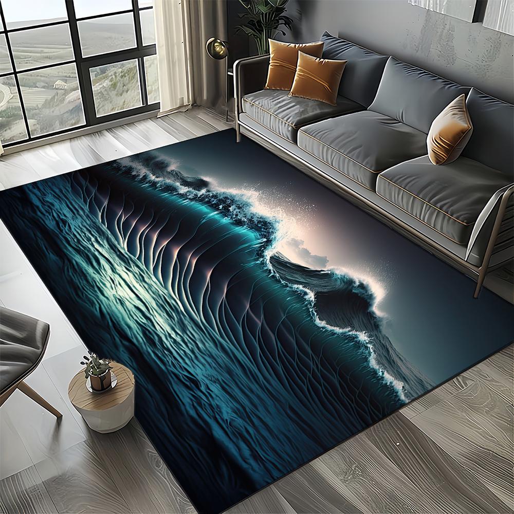2025 New Style Blue Green Seawater Sea Wave Scenery Carpet Rug for Living Room Bedroom Home Sofa Decoration,Non-slip Floor Mat